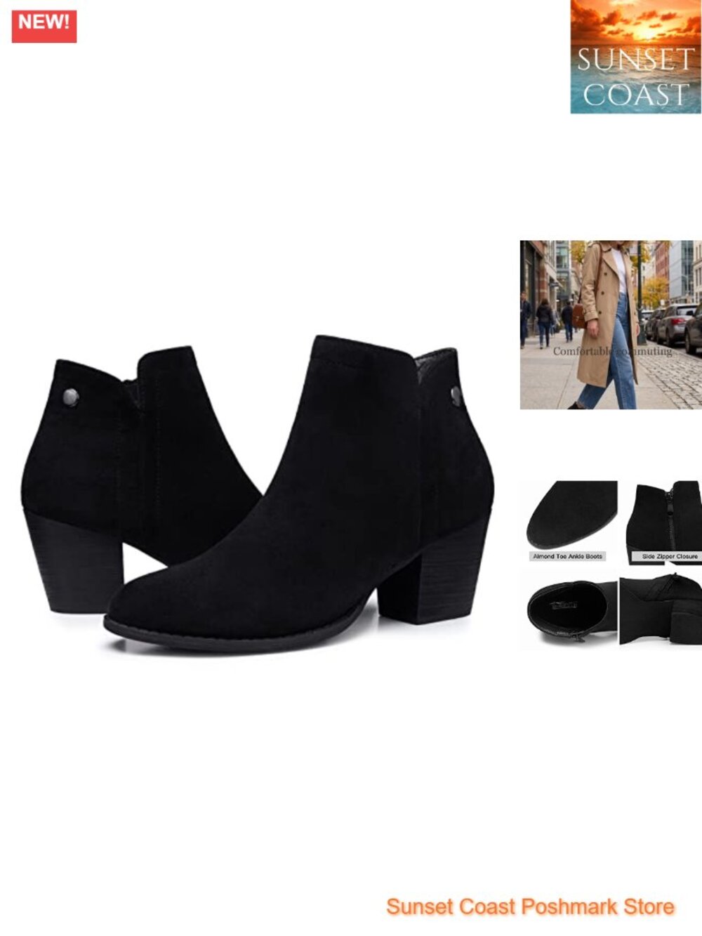 Almond Toe Ankle Boots Chunky Low Block Heel Suede Booties